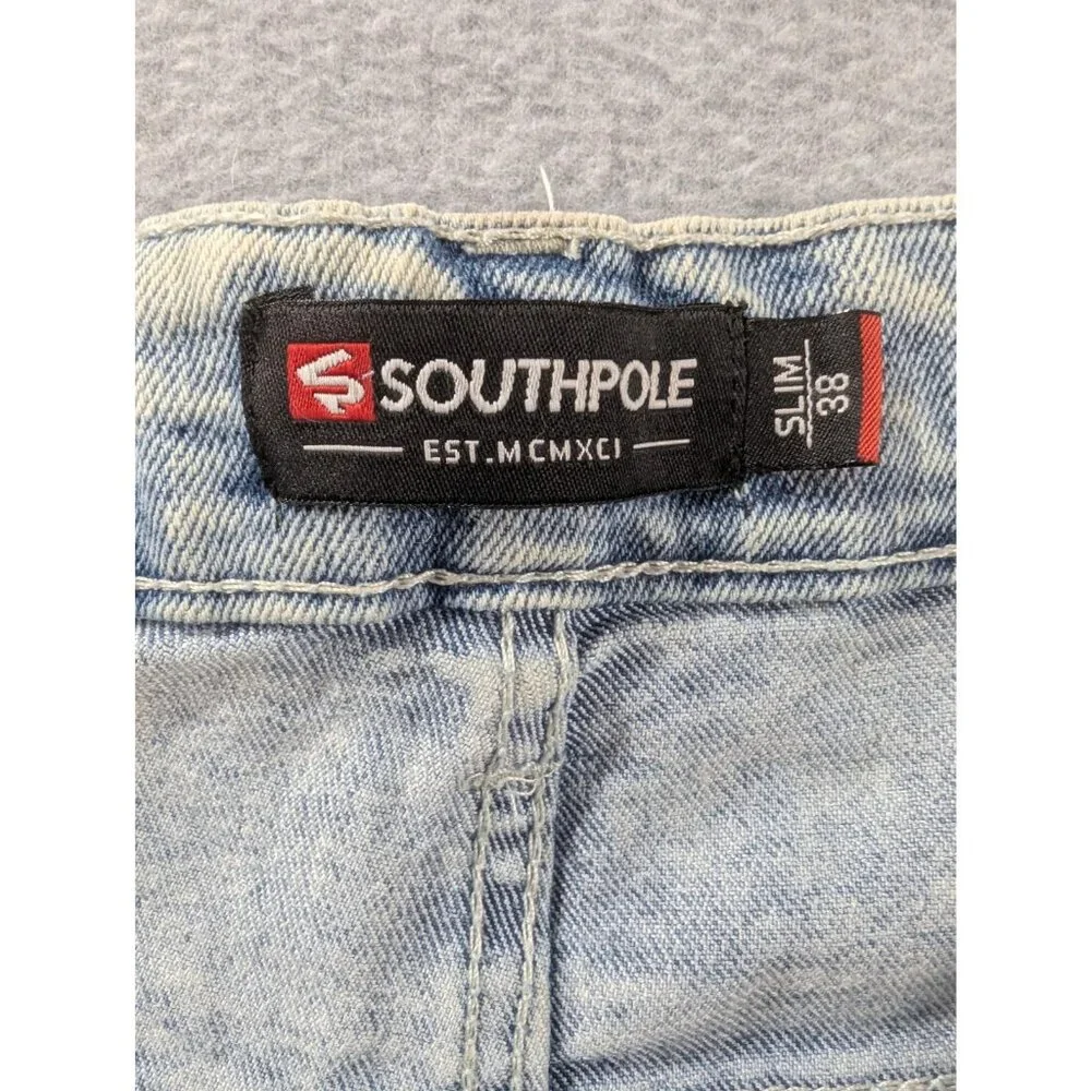 Southpole Denim Biker Shorts Mens 38 Blue Light Wash Slim Fit Moto Distressed